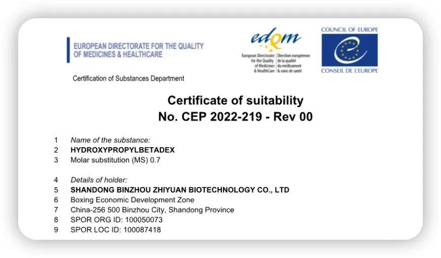 熱烈祝賀智源生物羥丙基倍他環糊精獲歐盟CEP證書